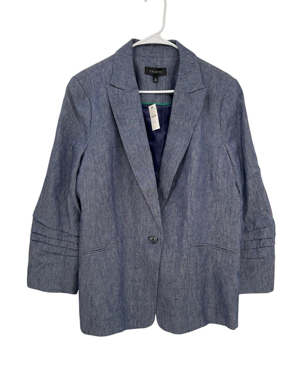 NWT Talbots Cinched Cuff Chambray Blazer Blue Size 16